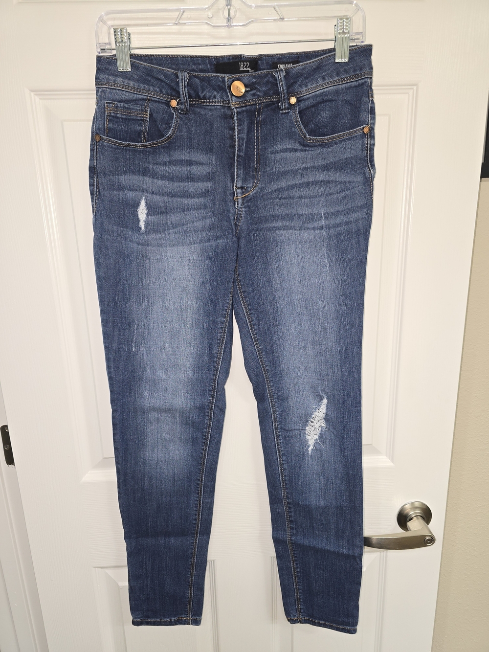 1822 Denim Dark Blue Straight Leg Distressed Jeans